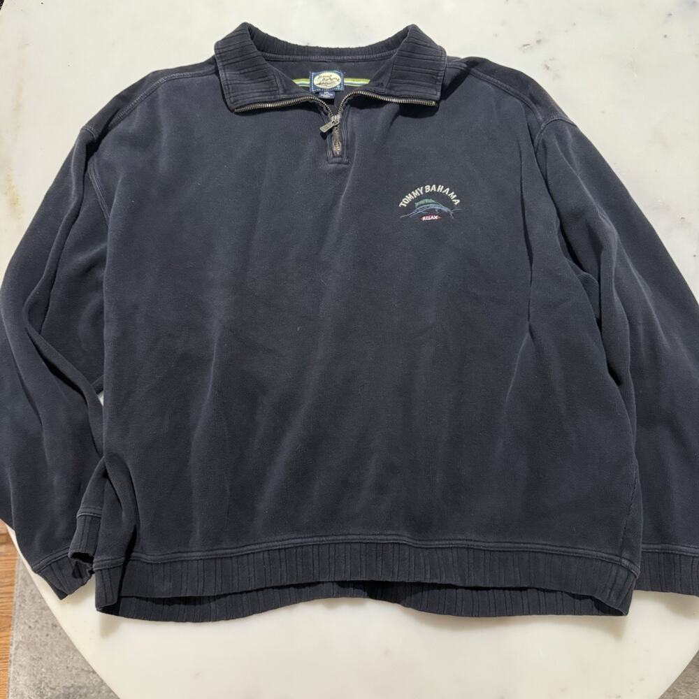 Vintage Tommy Bahama Mens XXL Black 1/4 Zip Cotton Ribbed Knit Pullover Sweater